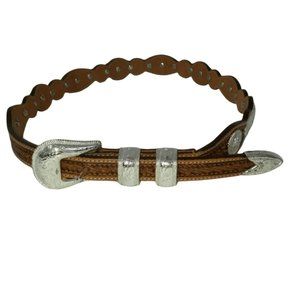 Tony Lama Belt, Brown Leather Western Belt Silver Tone Hardware Size 30 in Waist